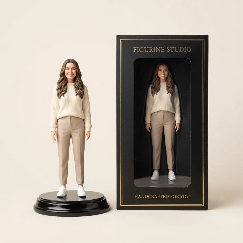 Personal 3D figurine of a woman in a cream sweater beside its premium box
