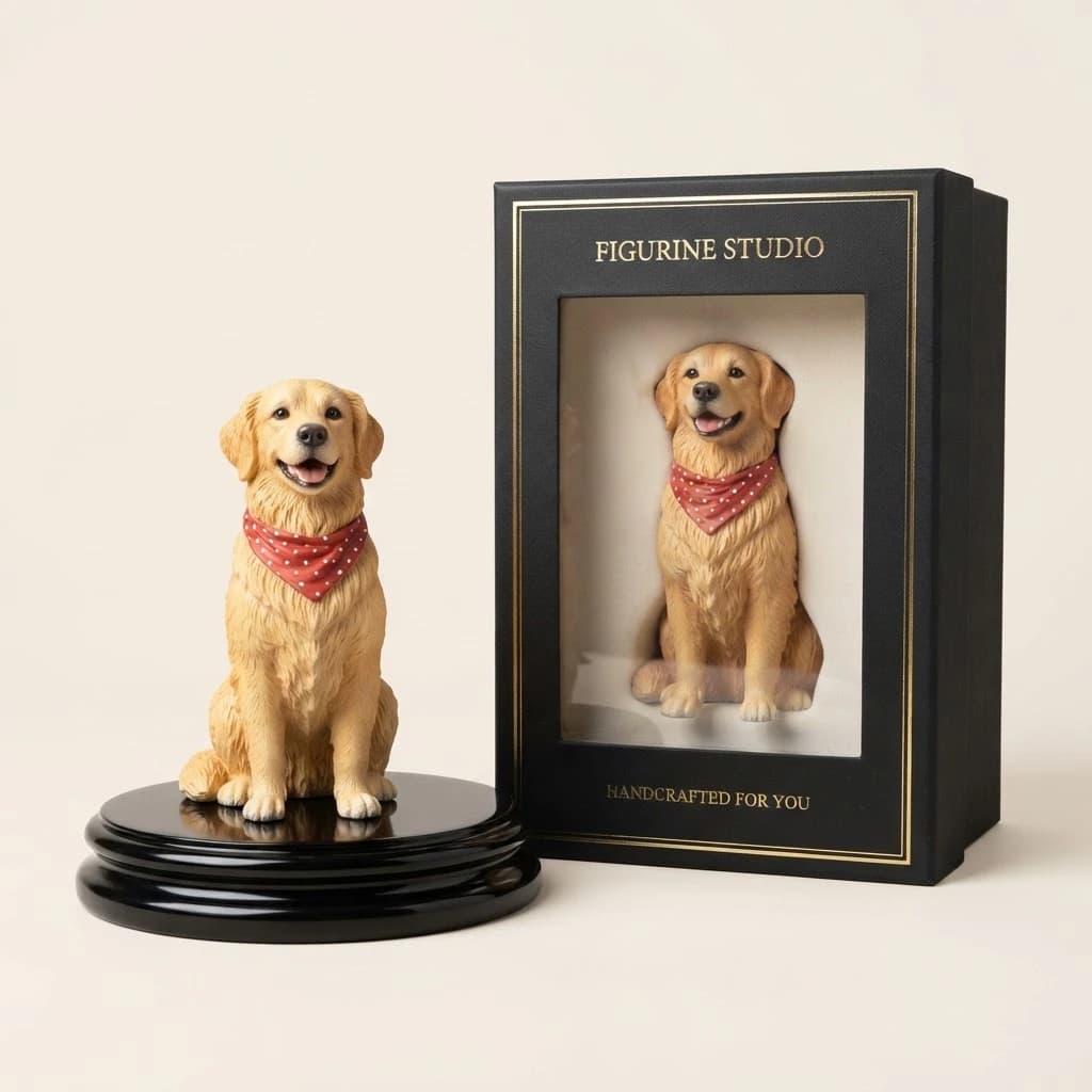 Golden retriever 3D figurine beside its premium box